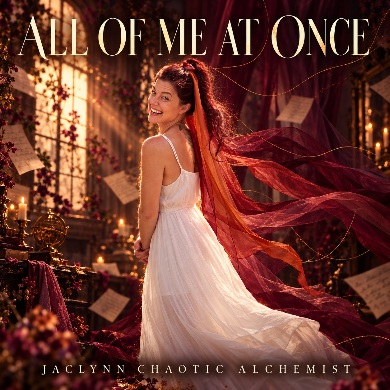 All of Me at Once artwork: Jaclynn in warm candlelight with flowing wine-red fabric